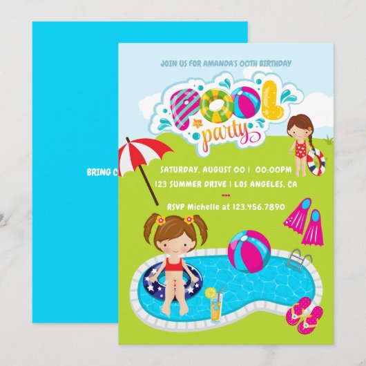 Invitation Fête de piscine pour enfants (Devant / Derrière)