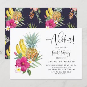 Invitation Fête de Piscine Tropicale Aloha Ananas et Hibiscus