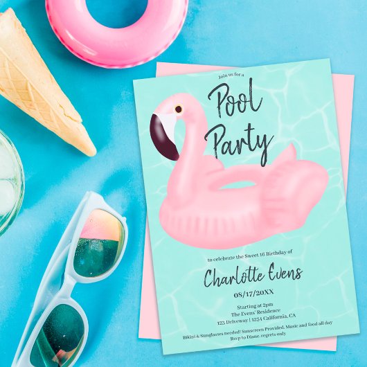 Invitation Fête de piscine tropicale flamand rose Sweet 16