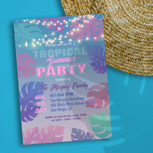 Invitation Fête de piscine tropicale néon pastel estivale
