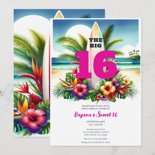 Invitation Fête de Piscine Tropicale Planches de Surf Douce 1 (Devant / Derrière)