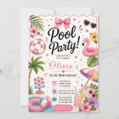 Invitation Fête de Piscine Tropicale Rose (Devant)