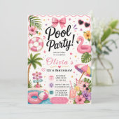 Invitation Fête de Piscine Tropicale Rose (Debout devant)