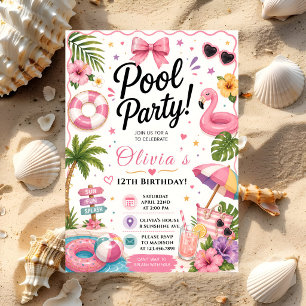 Invitation Fête de Piscine Tropicale Rose