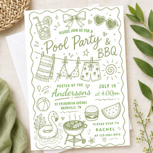 Invitation Fête de piscine végétale BBQ Eté Dessin à main lev
