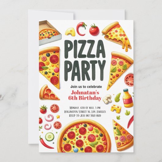 Invitation Fête de pizza aquarelle fête d'anniversaire (Devant)