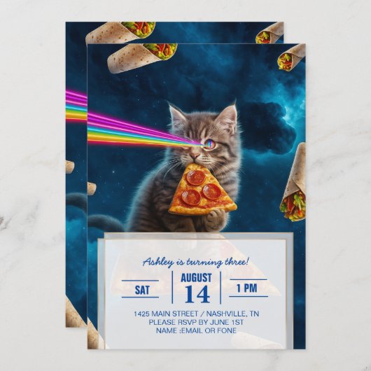 Invitation Fête de pizza de chat laser (Devant / Derrière)