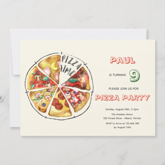 Invitation Fête de pizza Watercolor (Devant)