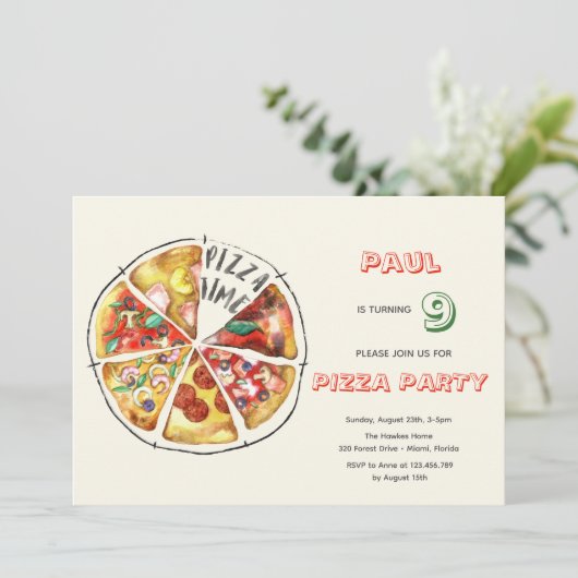 Invitation Fête de pizza Watercolor (Debout devant)