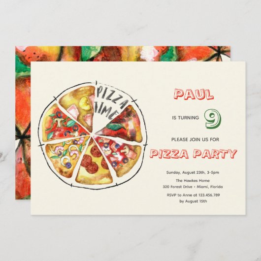 Invitation Fête de pizza Watercolor (Devant / Derrière)