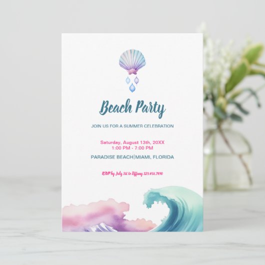 Invitation Fête de plage à l'aquarelle pastel (Debout devant)