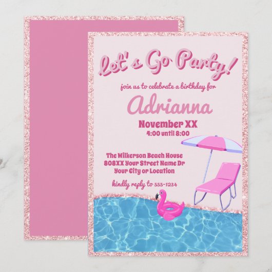 Invitation Fête de plage à paillettes roses (Devant / Derrière)