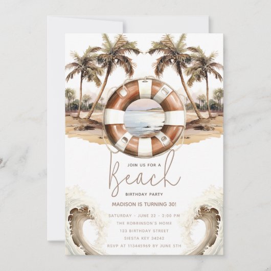Invitation Fête de plage Anniversaire Pastel Bouée de sable (Devant)