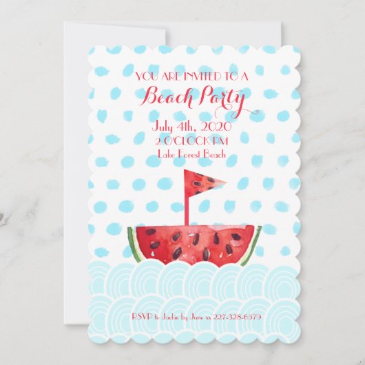 Invitation Fête de plage au bateau en pastèque (Devant)