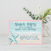 Invitation Fête de plage aux étoiles de mer Aqua et rose aqua (Debout devant)