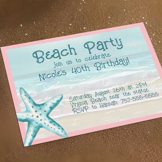 Invitation Fête de plage aux étoiles de mer Aqua et rose aqua