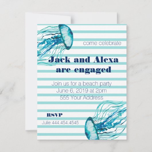 Invitation Fête de plage aux méduses à aquarelle avec rayures (Dos)