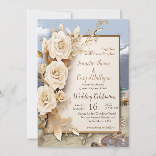 Invitation Fête de plage avec fleurs blanches et perles (Devant)