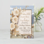 Invitation Fête de plage avec fleurs blanches et perles (Debout devant)