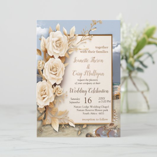 Invitation Fête de plage avec fleurs blanches et perles (Debout devant)