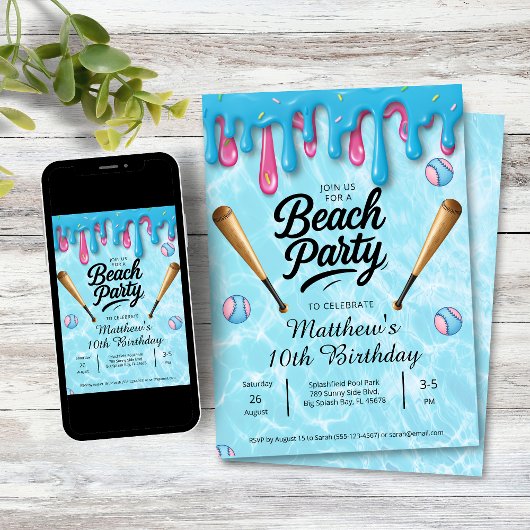 Invitation Fête de plage Baseball Drip Enfants / Adolescents