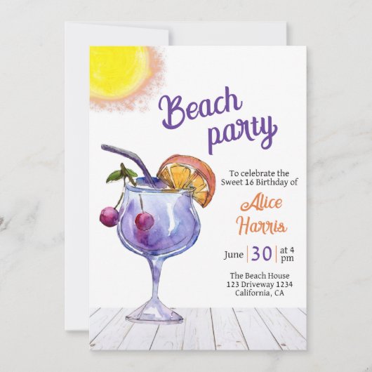 Invitation Fête de plage cocktail sweet 16 (Devant)
