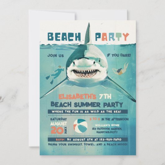Invitation Fête de plage d'été des requins (Devant)