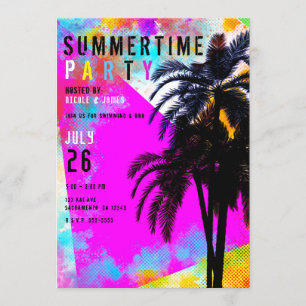 Invitation Fête de plage estivale colorée rétro avec palmiers