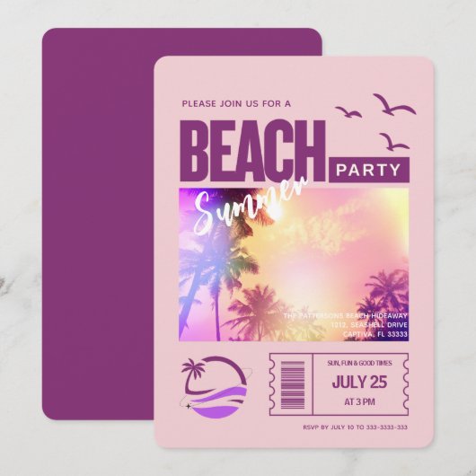 Invitation Fête de plage estivale rose violet (Devant / Derrière)