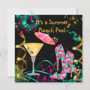 Invitation Fête de plage et de piscine rose noir d'été