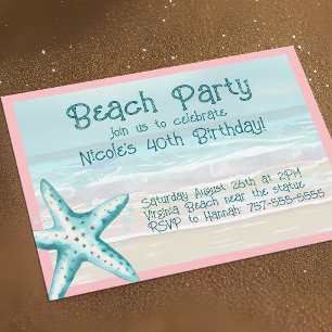 Invitation Fête de plage étoile de mer aqua et rose aquarelle