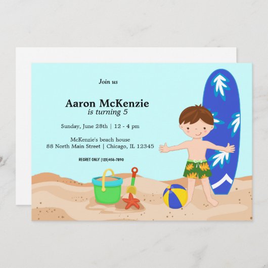 Invitation Fête de plage (Garçon) (Devant / Derrière)