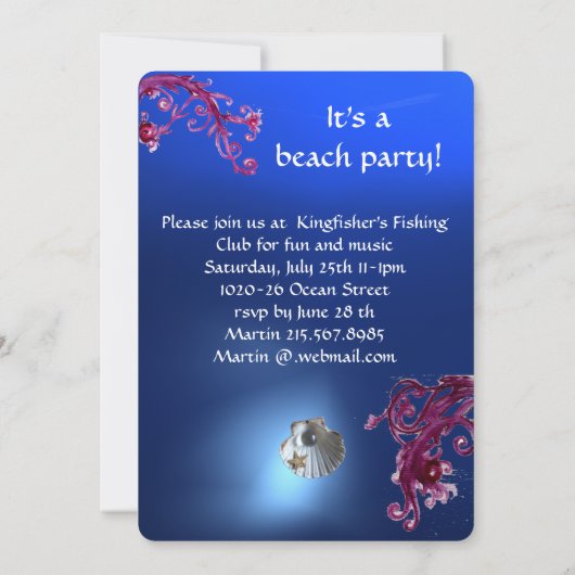 Invitation FÊTE DE PLAGE KINGFISHER, Bleu, Noir (Dos)