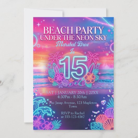 Invitation Fête de plage néon pour 15 ans (Devant)