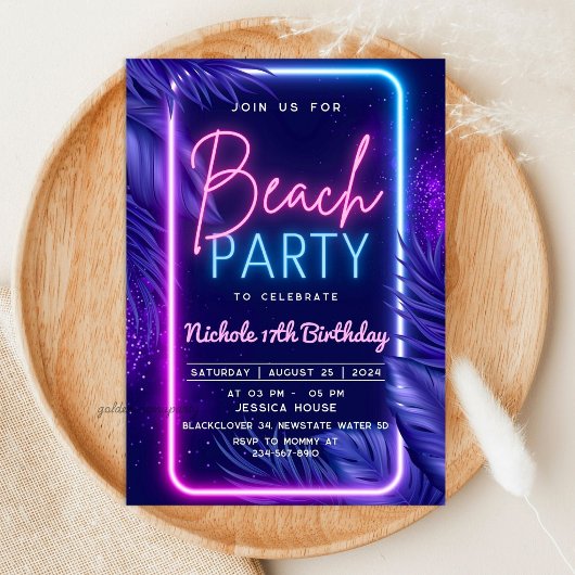 Invitation Fête de plage néon tropicale