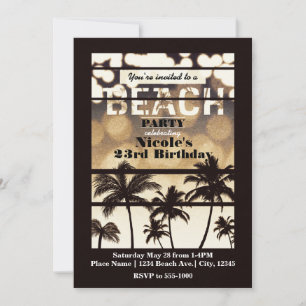 Invitation Fête de plage Palmiers Tropical Or Nuit Glamour