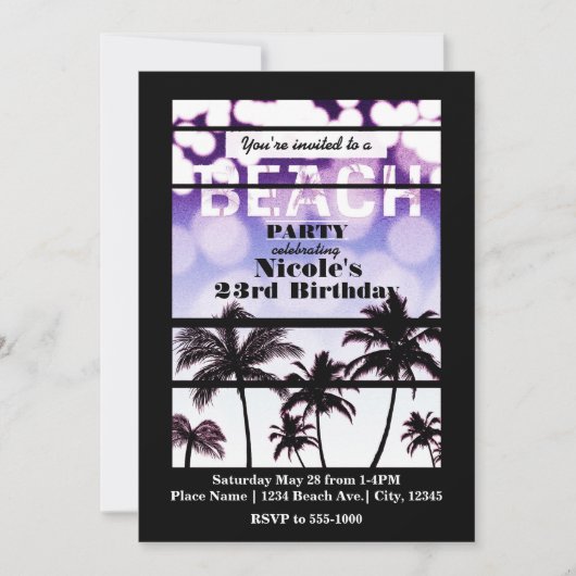 Invitation Fête de plage Palmiers Tropical Violet Glam (Devant)