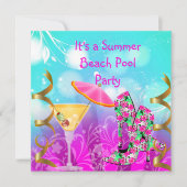 Invitation Fête de plage piscine rose sarcelle d'été (Devant)