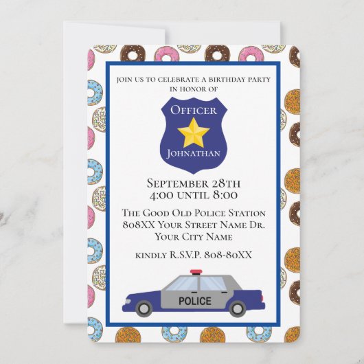 Invitation Fête de policiers avec des donuts (Devant)