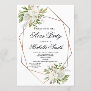 Invitation Fête de poules blanche boho florale géométrique