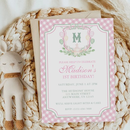 Invitation Fête de premier anniversaire avec monogramme en fo