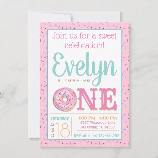 Invitation Fête de premier anniversaire avec un donut mignon (Devant)