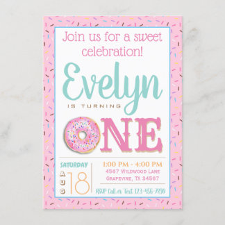 Invitation Fête de premier anniversaire avec un donut mignon