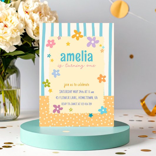 Invitation Fête de premier anniversaire bébé fleurs rayures c