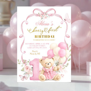Invitation Fête de premier anniversaire Coquette avec nœud fl