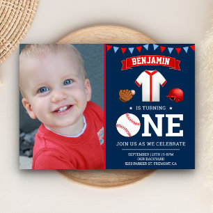 Invitation Fête de premier anniversaire de baseball rouge ble