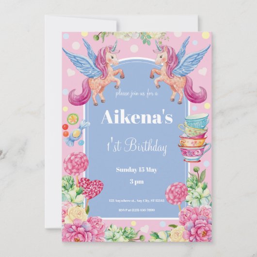 Invitation Fête de premier anniversaire de la licorne magique (Devant)