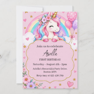 Invitation Fête de premier anniversaire de licorne de arc-en-
