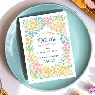 Invitation Fête de premier anniversaire florale fantaisiste