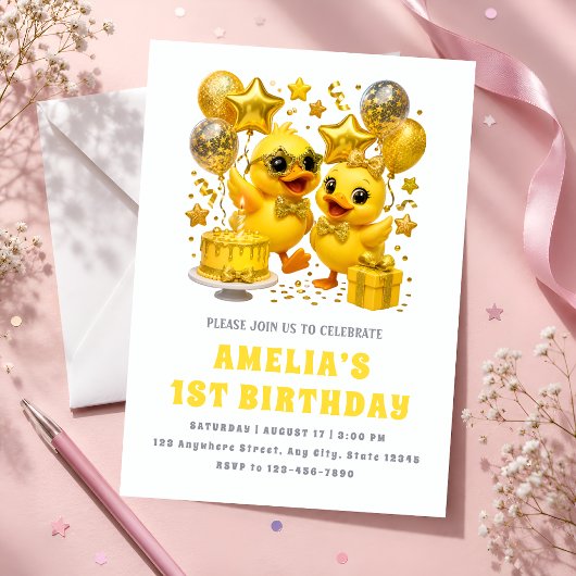 Invitation Fête de premier anniversaire jaune de luxe